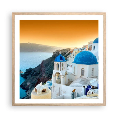 Poster în ramă de stejar deschis - Santorini - îmbrățișat de stânci - 60x60 cm