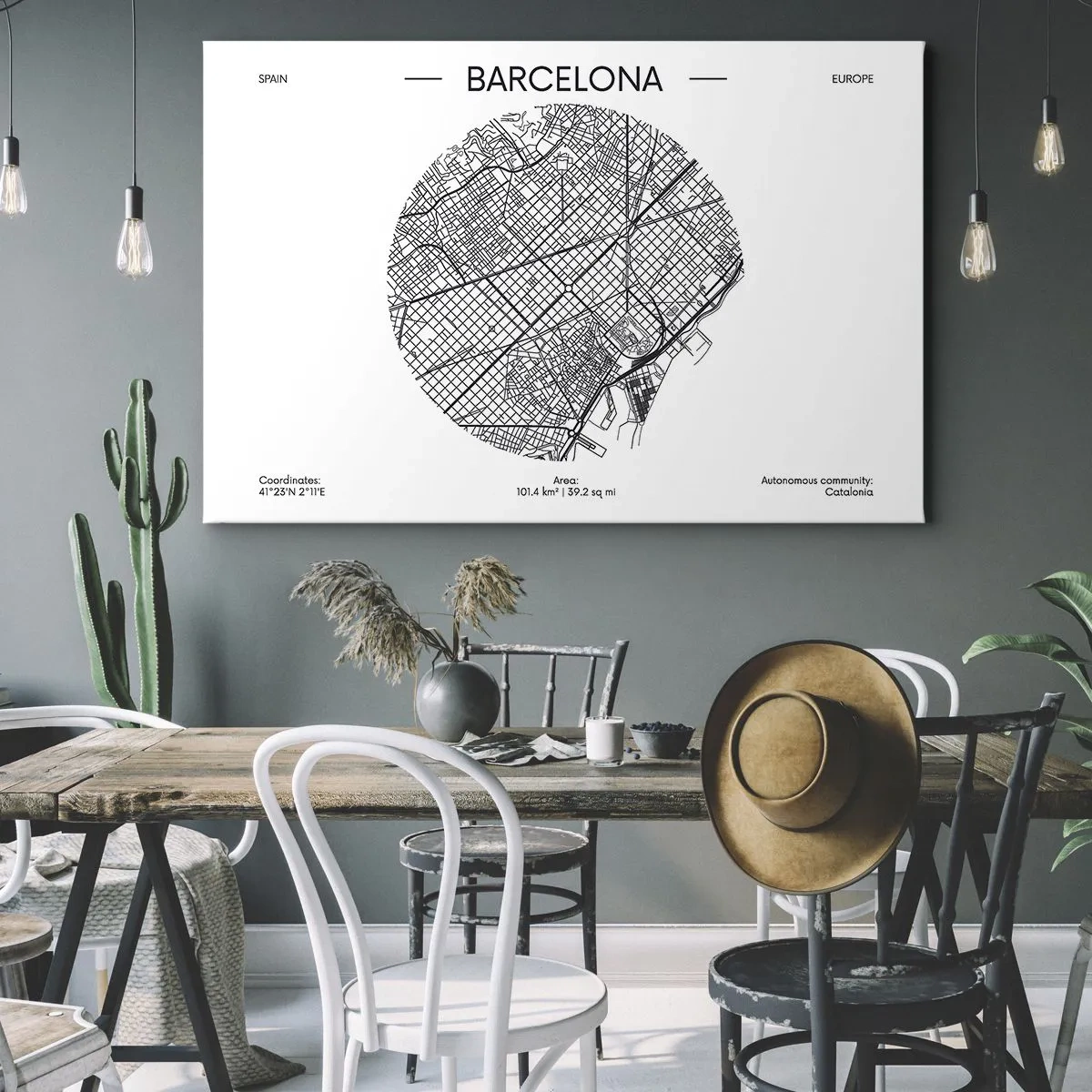 Tablou pe pânză Canvas - O hartă a Barcelonei într-un stil minimalist alb-negru - 70x50cm - Anatomia Barcelonei - Decorațiune modernă pentru perete pentru living și dormitor ARTTOR