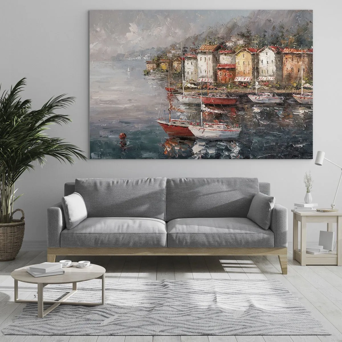 Tablou pe sticlă - Un port pitoresc cu pânze și case colorate - 70x50cm - Portul romantic - Decorațiune modernă pentru perete pentru living și dormitor ARTTOR