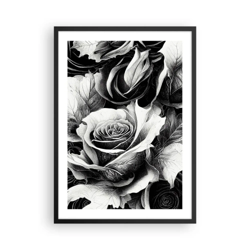 Poster în ramă neagră - O compoziție alb-negru de trandafiri cu clarobscur expresiv - 50x70cm - Mereu regina - Decorațiune modernă pentru perete pentru living și dormitor ARTTOR