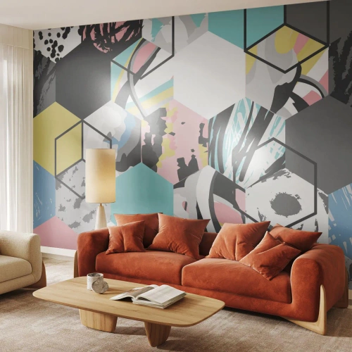 Tapet Standard Eco - Hexagoane și cuburi în șase culori - Abstracția, Bucată, Model modern - 350x256 cm