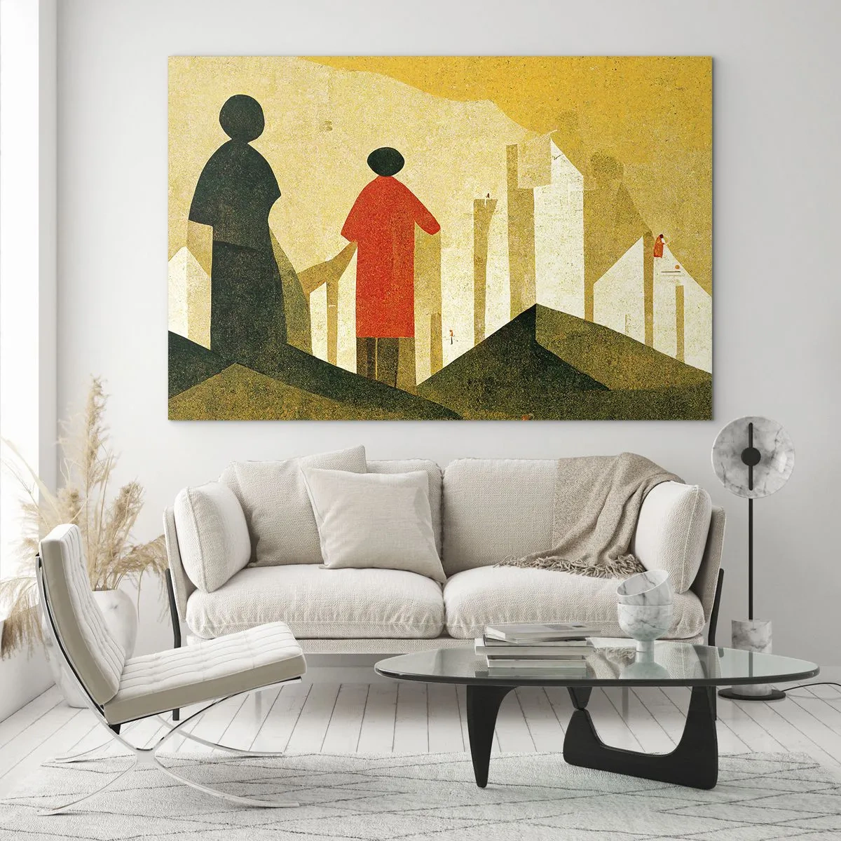 Tablou pe sticlă - Siluete geometrice ale unor figuri printre forme înalte pe fundalul unui cer galben - 70x50cm - Încă un drum lung de parcurs - Decorațiune modernă pentru perete pentru living și dormitor ARTTOR