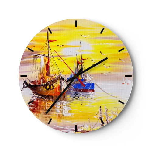 Ceas de perete - Ceas pe sticlă - Bărci cu pânze pitorești la apus - 30x30cm - O binemeritată odihnă în port - Decorațiune modernă pentru perete pentru living, bucătărie și dormitor ARTTOR
