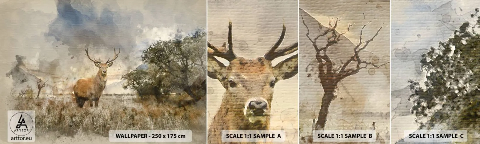 Mostră de Tapet Standard Eco - Demnitate - putere - măreție - Animale, Cerb, Peisaj - 100x30 cm