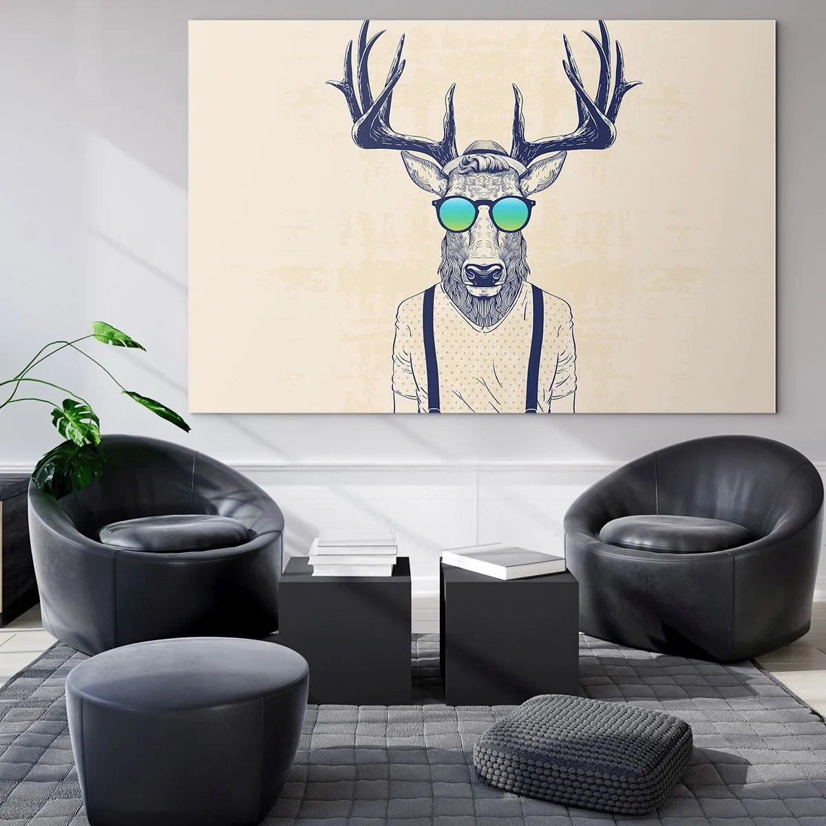 Tablou pe sticlă - Un cerb elegant cu ochelari de soare pe un fundal deschis - 70x50cm - Și la cine te așteptai? - Decorațiune modernă pentru perete pentru living și dormitor ARTTOR