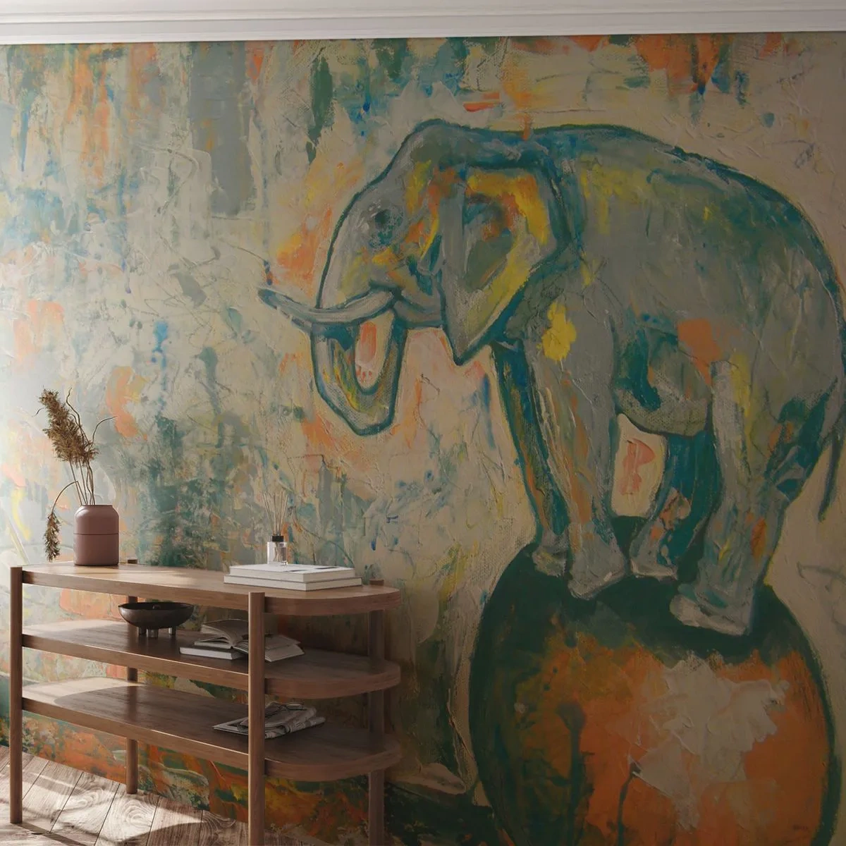 Tapet Standard Eco - Un elefant care se echilibrează pe o minge în abstracție artistică - 100x70cm - Trăiască circul! - Decorațiune modernă pentru perete pentru living și dormitor ARTTOR