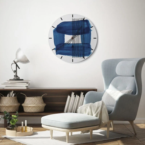 Ceas de perete - Ceas pe sticlă - Motiv abstract cu vopsea albastră și linii negre - 30x30cm - Compoziție albastru-negru - Decorațiune modernă pentru perete pentru living, bucătărie și dormitor ARTTOR