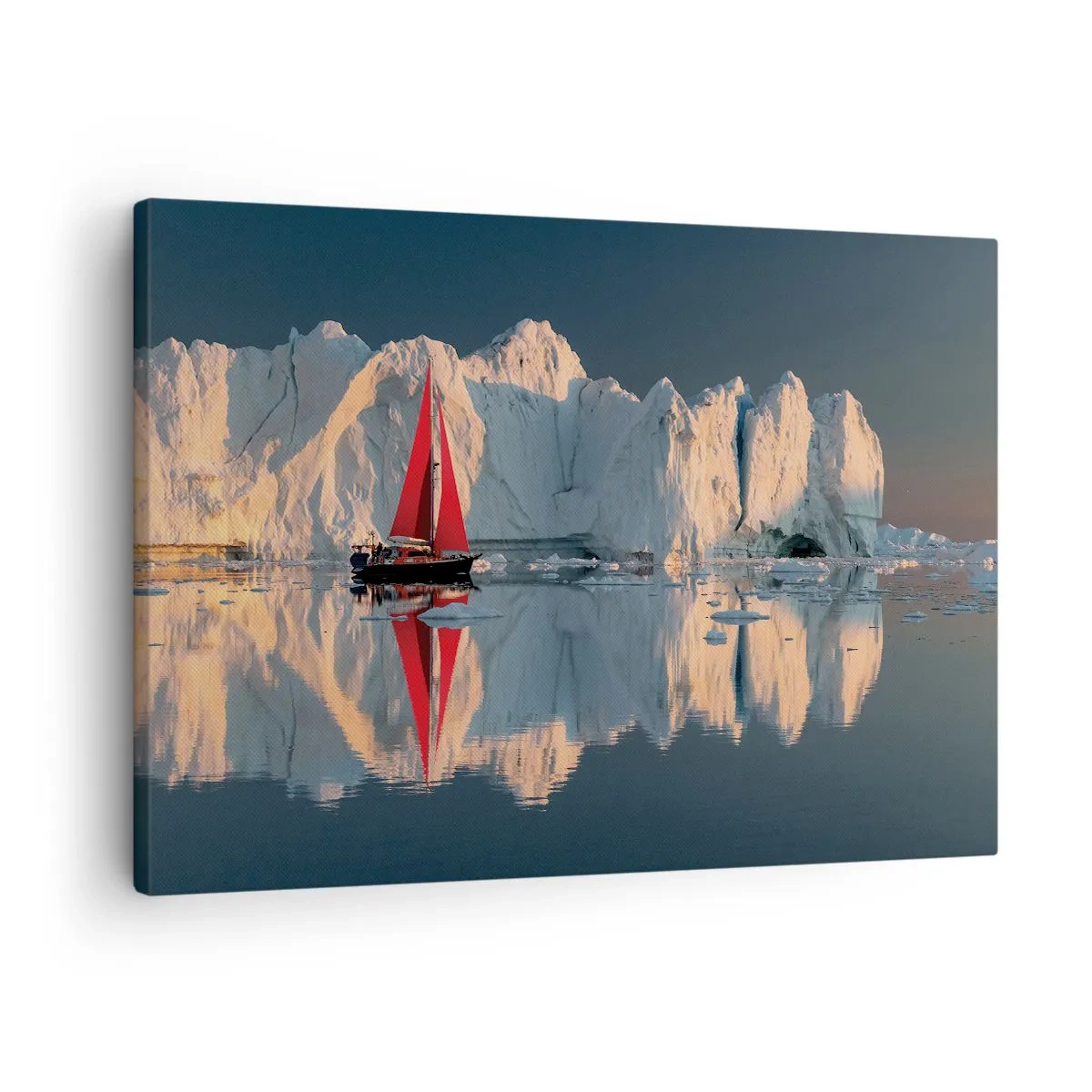 Tablou pe pânză Canvas - O barcă cu pânze cu o velă roșie pe fundalul unui ghețar - 70x50cm - La capătul lumii - Decorațiune modernă pentru perete pentru living și dormitor ARTTOR
