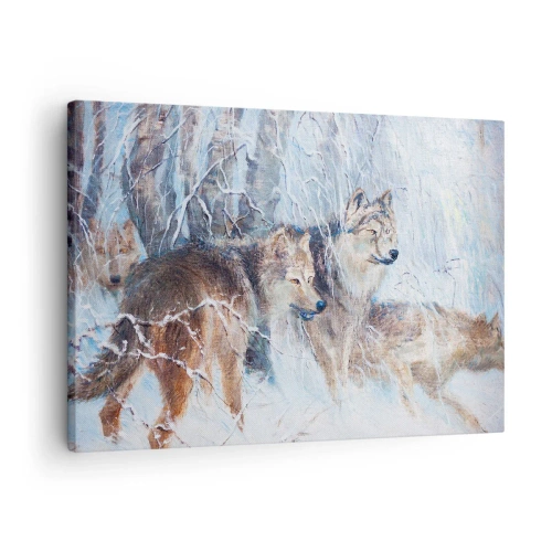 Tablou pe pânză Canvas - Lupi într-o pădure de iarnă pe fundalul unui peisaj înzăpezit - 70x50cm - Atenție! Vine... - Decorațiune modernă pentru perete pentru living și dormitor ARTTOR