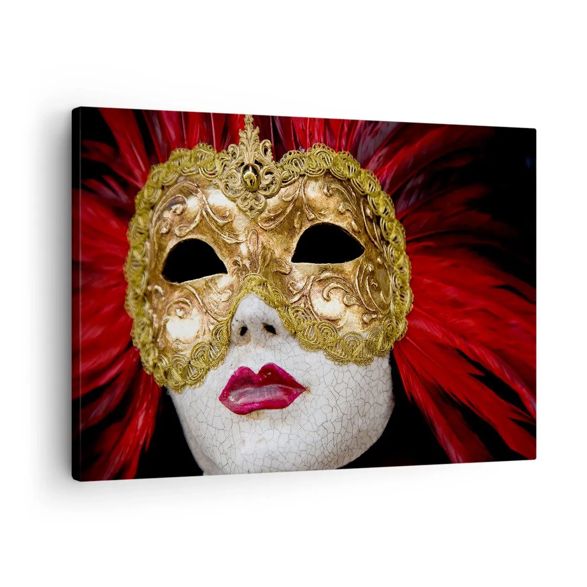 Tablou pe pânză Canvas - Mască venețiană de aur cu pene roșii - 70x50cm - Promisiunea unei aventuri de carnaval - Decorațiune modernă pentru perete pentru living și dormitor ARTTOR