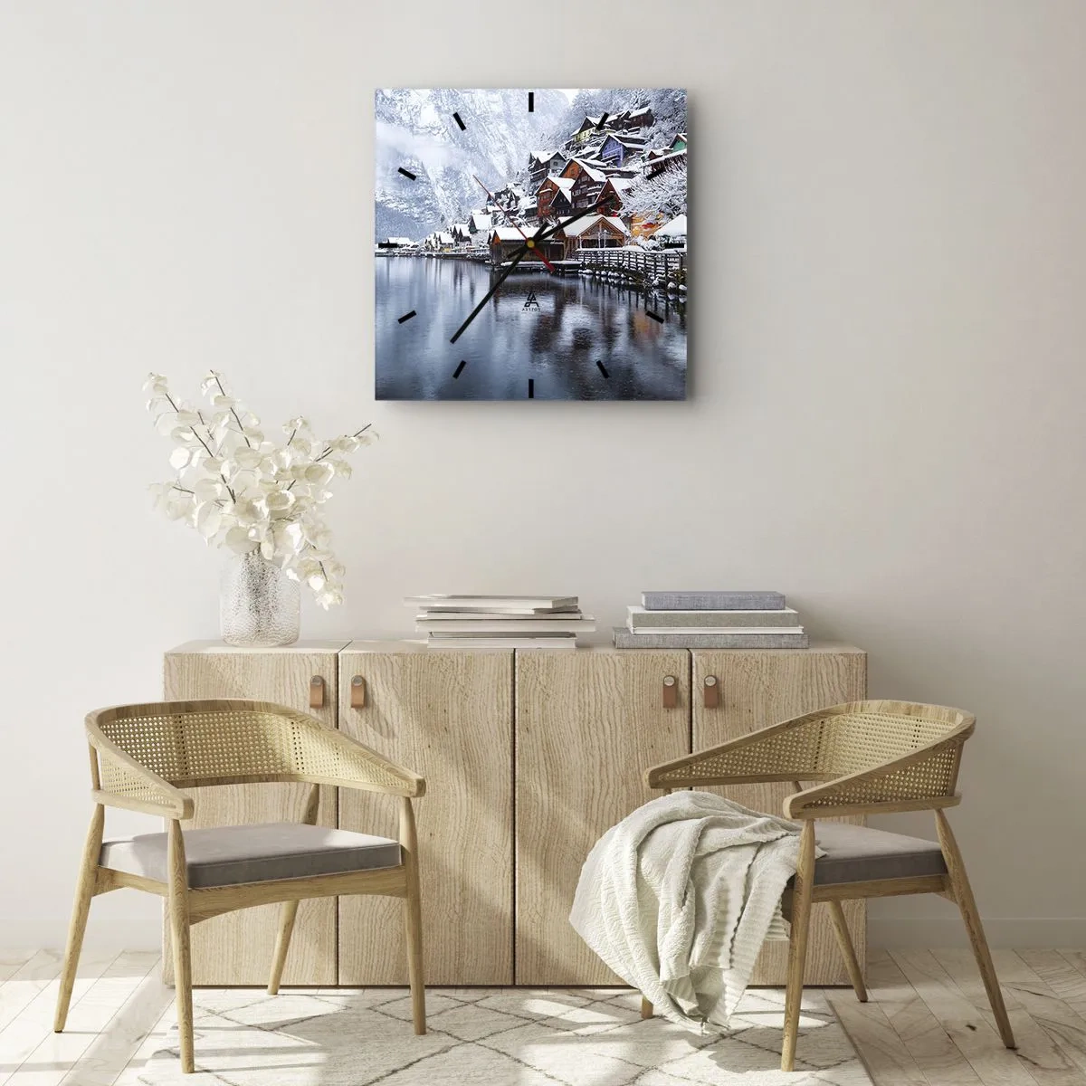Ceas de perete - Ceas pe sticlă - În decor de iarnă - 30x30 cm
