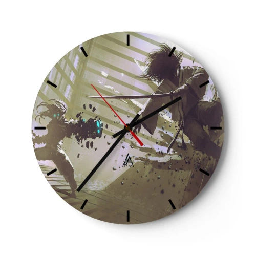 Ceas de perete - Ceas pe sticlă - Duel de samurai într-o scenă dinamică - 30x30cm - Și tu poți fi samurai - Decorațiune modernă pentru perete pentru living, bucătărie și dormitor ARTTOR