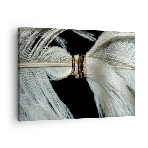 Tablou pe pânză Canvas - O pană albă cu două inele de aur pe un fundal negru - 70x50cm - ...și nu te voi părăsi.. - Decorațiune modernă pentru perete pentru living și dormitor ARTTOR
