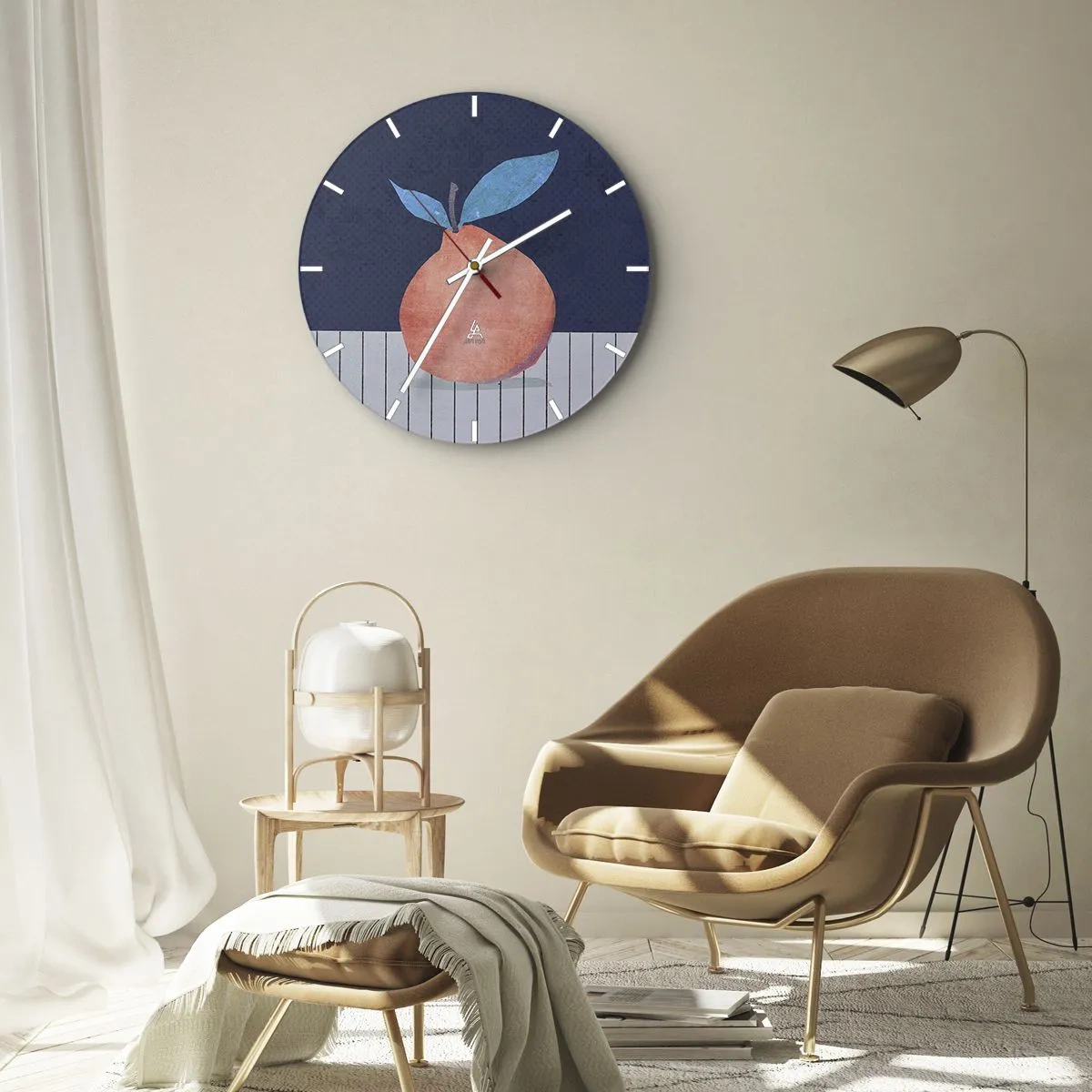 Ceas de perete - Ceas pe sticlă - Piersică cu frunze pe un fundal bleumarin - 30x30cm - Convexitate și plan - Decorațiune modernă pentru perete pentru living, bucătărie și dormitor ARTTOR