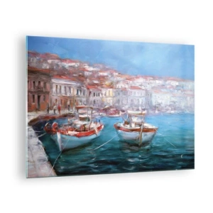 Tablou pe sticlă - Port de pescuit cu bărci pe fundalul clădirilor italiene și al cerului albastru - 70x50cm - Golful italian - Decorațiune modernă pentru perete pentru living și dormitor ARTTOR