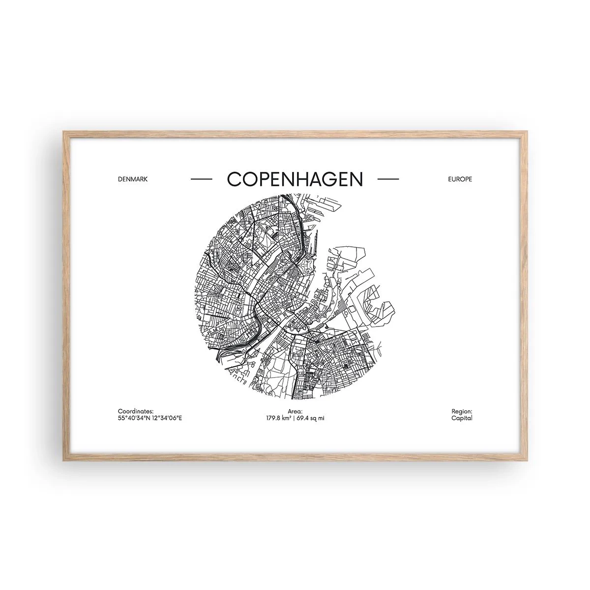 Poster în ramă de stejar deschis - Anatomia Copenhagăi - 100x70 cm