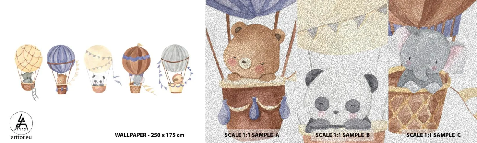 Mostră tapet Premium Sand - Prieteni de călătorie - baloane, Animale, Pentru copii - 100x30 cm