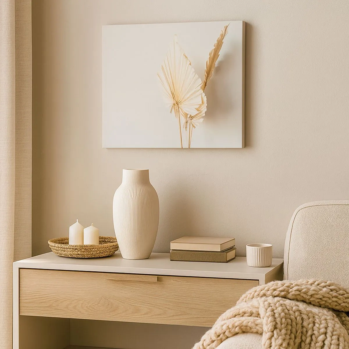 Tablou pe pânză Canvas - Frunze de palmier uscate într-un aranjament minimalist - 70x50cm - Când este nevoie de ușurare - Decorațiune modernă pentru perete pentru living și dormitor ARTTOR