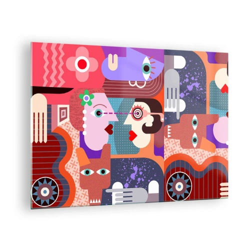 Tablou pe sticlă - O compoziție abstractă de fețe și forme în culori intense. - 70x50cm - Ochi în ochi - Decorațiune modernă pentru perete pentru living și dormitor ARTTOR