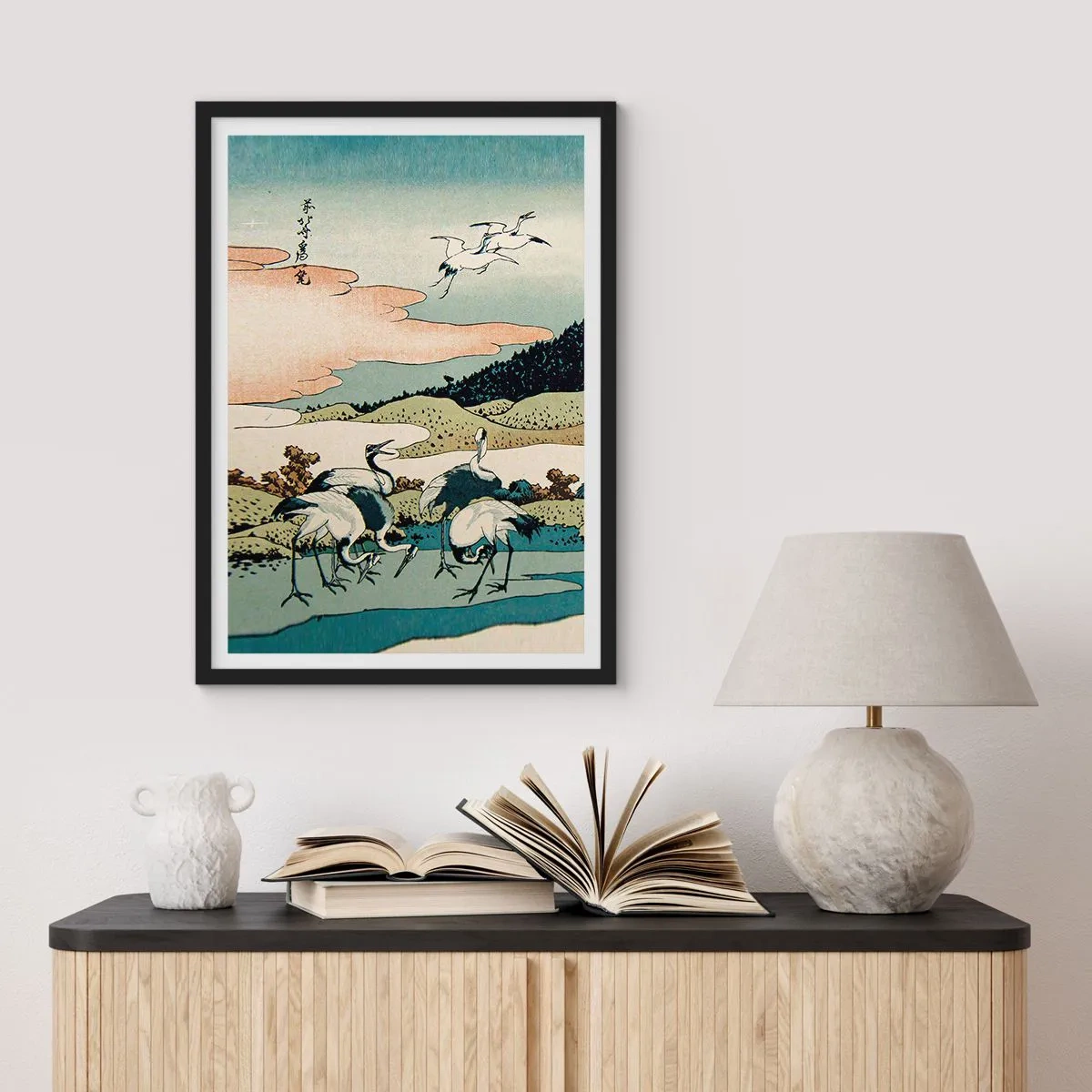 Poster în ramă neagră - Artă tradițională japoneză cu cocori într-un peisaj natural - 50x70cm - În mod japonez - Decorațiune modernă pentru perete pentru living și dormitor ARTTOR