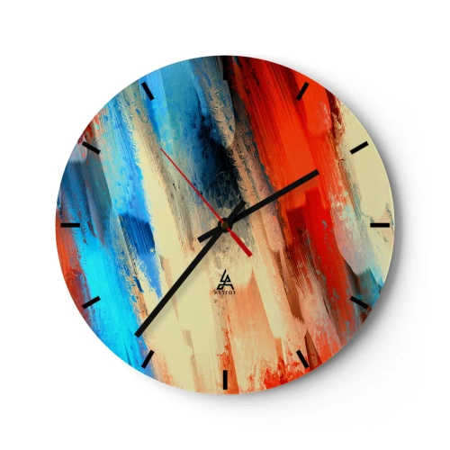 Ceas de perete - Ceas pe sticlă - Pensule abstracte în tonuri calde și reci - 30x30cm - O cascadă de culori - Decorațiune modernă pentru perete pentru living, bucătărie și dormitor ARTTOR