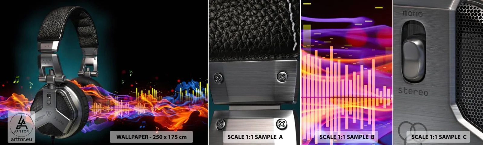 Mostră tapet autocolant Deluxe Sticker - În focul muzicii - Abstracția, Muzică, Căști - 100x30 cm