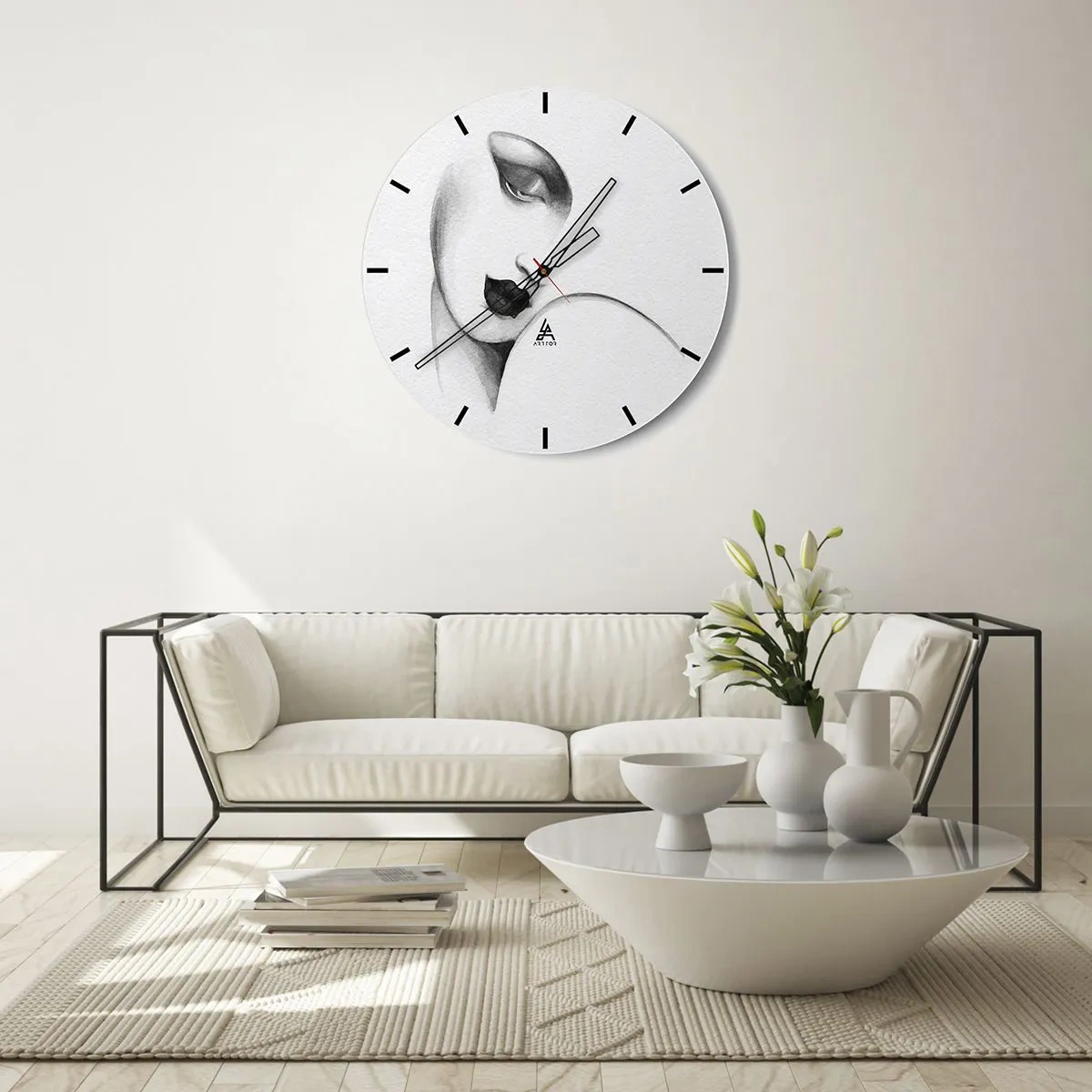 Ceas de perete - Ceas pe sticlă - Un portret minimalist al unei femei în nuanțe de gri. - 30x30cm - În stilul Lempickei - Decorațiune modernă pentru perete pentru living, bucătărie și dormitor ARTTOR