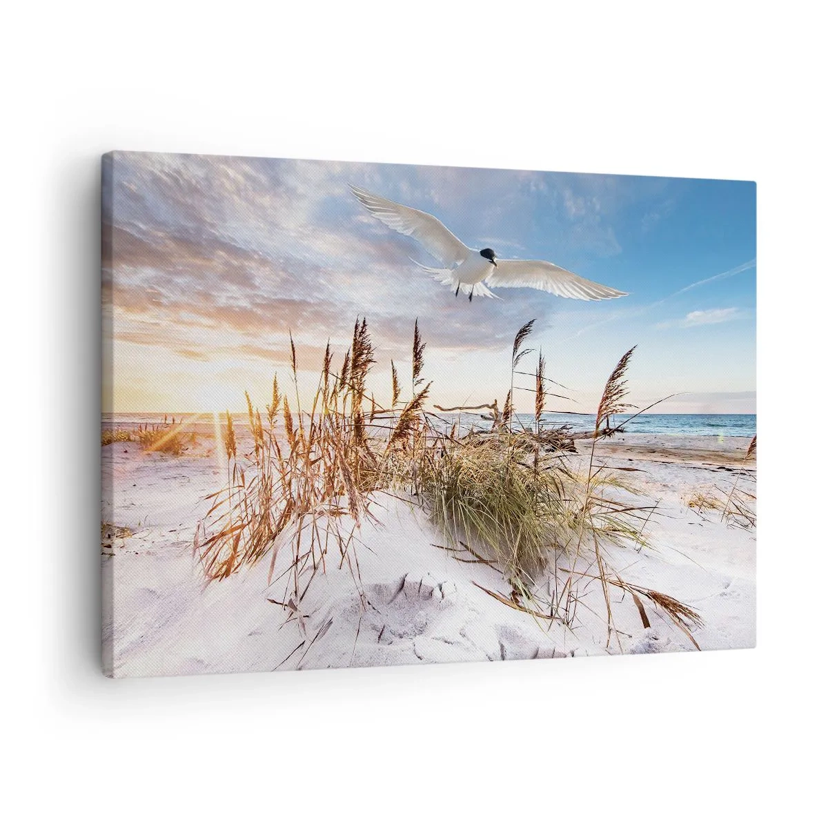 Tablou pe pânză Canvas - Plajă cu pescăruși zburând la apus - 70x50cm - Vânt dinspre mare - Decorațiune modernă pentru perete pentru living și dormitor ARTTOR