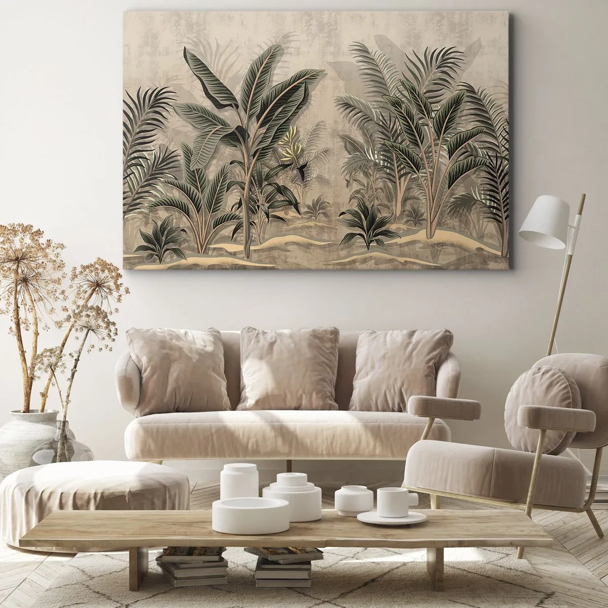 Tablou pe pânză Canvas - Palmieri și vegetație tropicală în nuanțe de verde pe un fundal bej - 70x50cm - Gravură în stil colonial - Decorațiune modernă pentru perete pentru living și dormitor ARTTOR