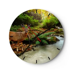 Ceas de perete - Ceas pe sticlă - Cerb într-un peisaj forestier lângă un pârâu - 30x30cm - Bun venit în lumea mea - Decorațiune modernă pentru perete pentru living, bucătărie și dormitor ARTTOR