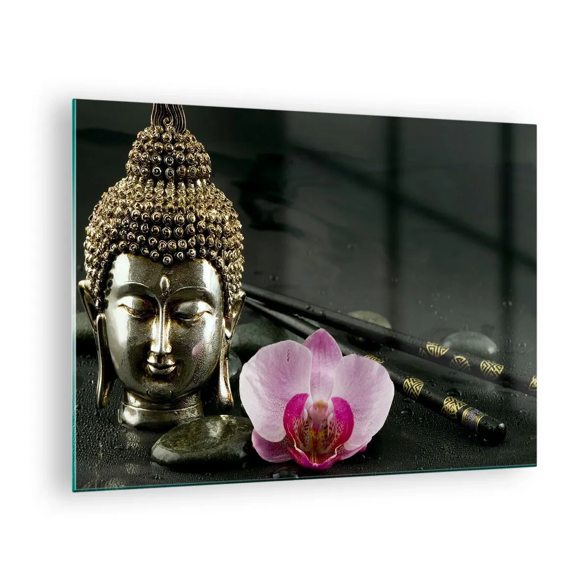 Tablou pe sticlă - Cap budist cu o floare roz pe un fundal de pietre - 70x50cm - Armonie între înțelepciune și frumusețe - Decorațiune modernă pentru perete pentru living și dormitor ARTTOR