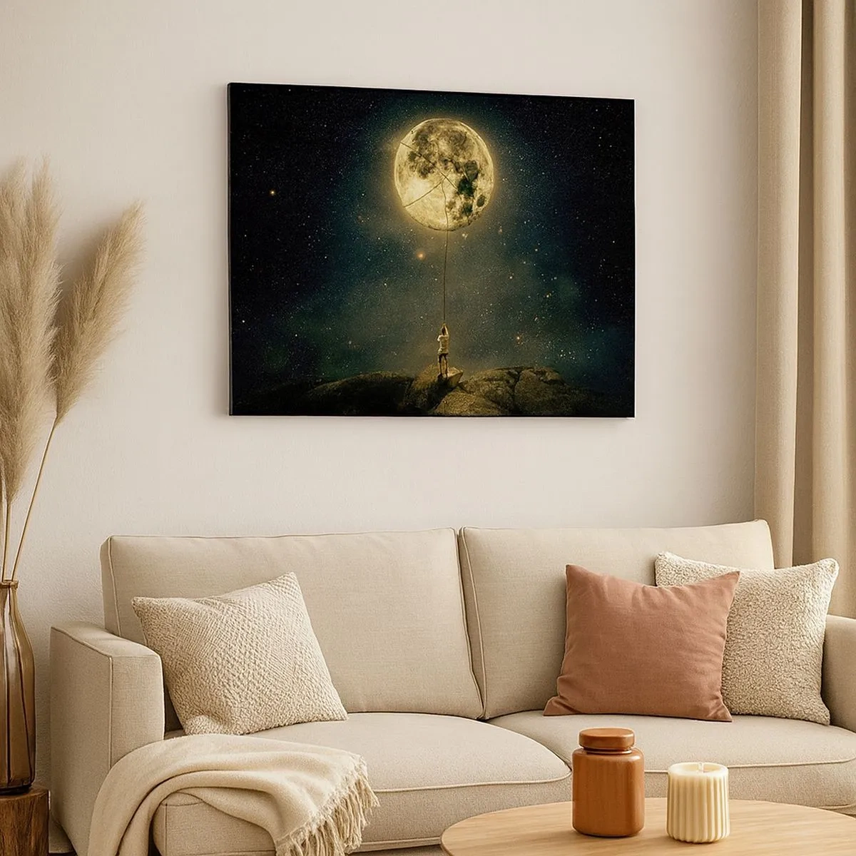 Tablou pe pânză Canvas - Omul cu Luna pe fundalul cerului înstelat - 70x50cm - Cel care a furat Luna - Decorațiune modernă pentru perete pentru living și dormitor ARTTOR