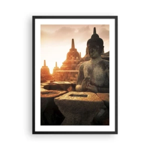 Poster în ramă neagră - Statuia lui Buddha cu temple în fundal la apus - 50x70cm - Vreme de mare înțelepciune - Decorațiune modernă pentru perete pentru living și dormitor ARTTOR