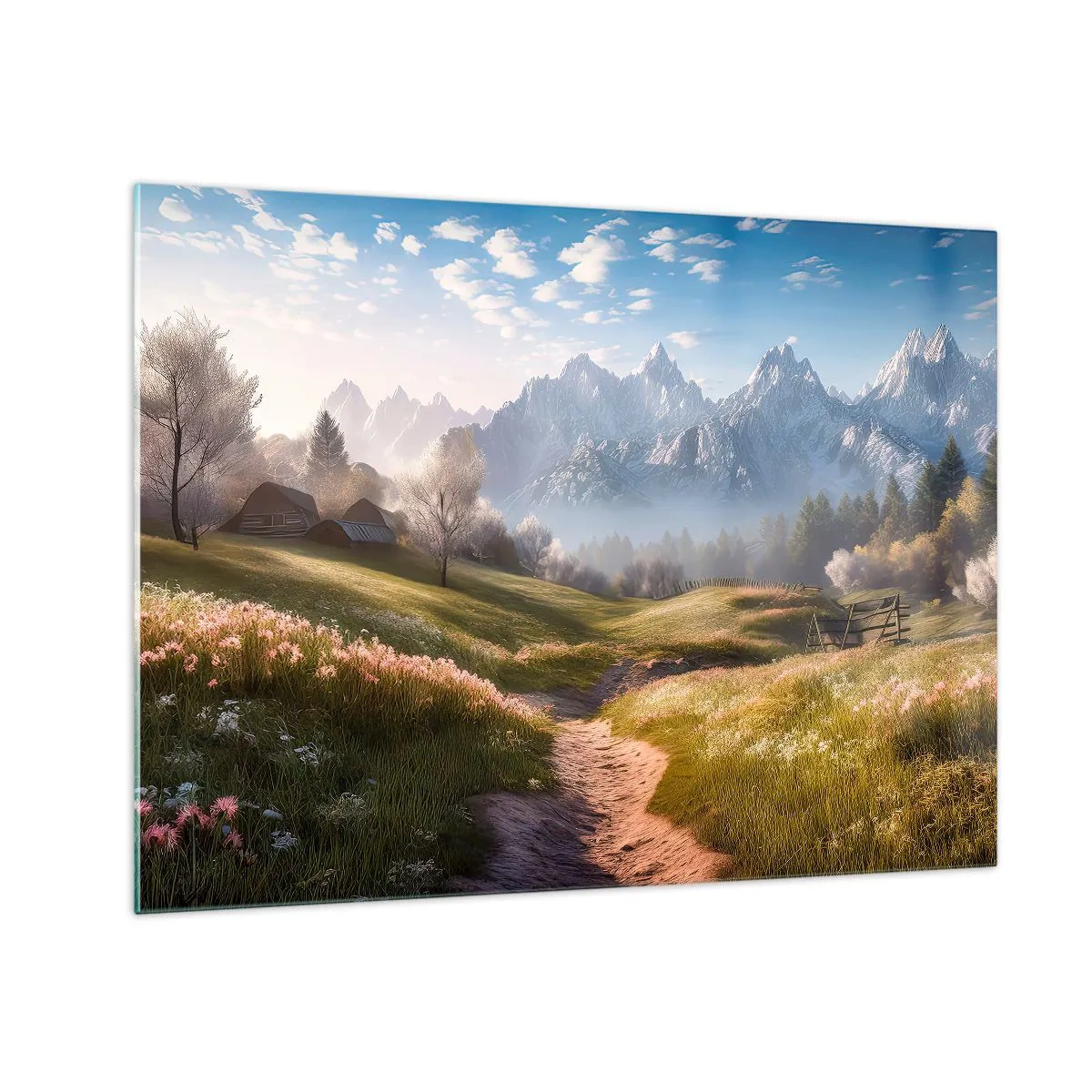 Tablou pe sticlă - Peisaj de primăvară cu o vale, flori și munți în fundal dimineața - 70x50cm - Valea idilică - Decorațiune modernă pentru perete pentru living și dormitor ARTTOR