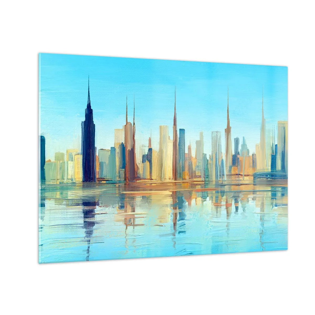 Tablou pe sticlă - O panoramă a metropolei reflectată în apă sub un cer albastru - 70x50cm - Metropola însorită - Decorațiune modernă pentru perete pentru living și dormitor ARTTOR