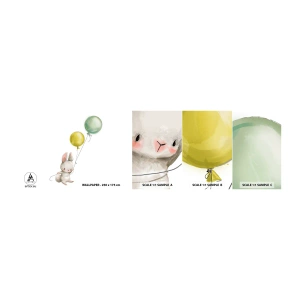 Mostră de Tapet Standard Eco - Voi zbura și eu! - Pentru copii, Iepure, Baloane colorate - 100x30 cm