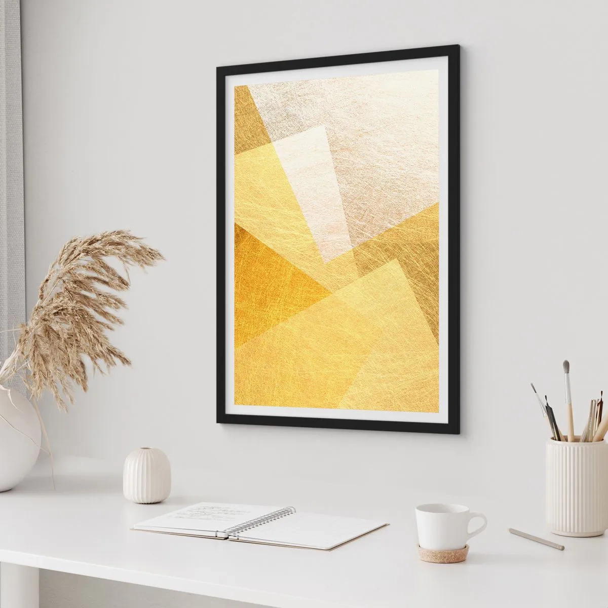 Poster în ramă neagră - Abstracție geometrică aurie cu efect metalic - 50x70cm - Vremea de geometrie - Decorațiune modernă pentru perete pentru living și dormitor ARTTOR