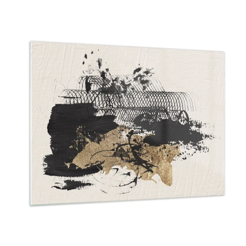 Tablou pe sticlă - Compoziție abstractă în negru și auriu pe un fundal deschis - 70x50cm - Compoziție cu pasiune - Decorațiune modernă pentru perete pentru living și dormitor ARTTOR