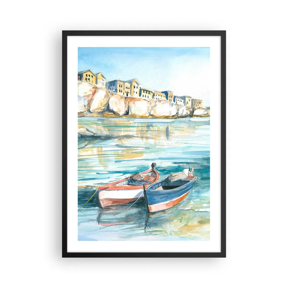 Poster în ramă neagră - Peisaj în acuarelă cu bărci pe apă și un oraș de coastă - 50x70cm - Peisaj în azur - Decorațiune modernă pentru perete pentru living și dormitor ARTTOR
