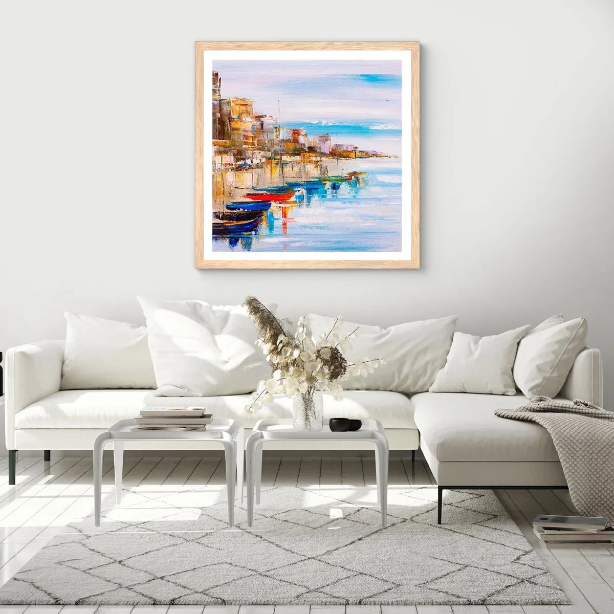 Poster în ramă de stejar deschis - Port urban multicolor - 60x60 cm