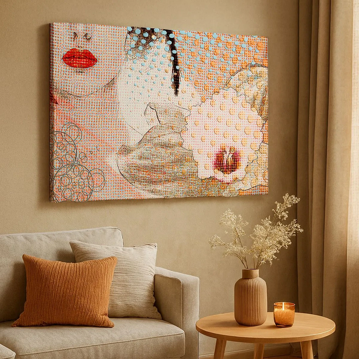 Tablou pe pânză Canvas - Operă de artă abstractă cu motivul unei guri și al unei orhidee - 70x50cm - Eroină de benzi desenate - Decorațiune modernă pentru perete pentru living și dormitor ARTTOR