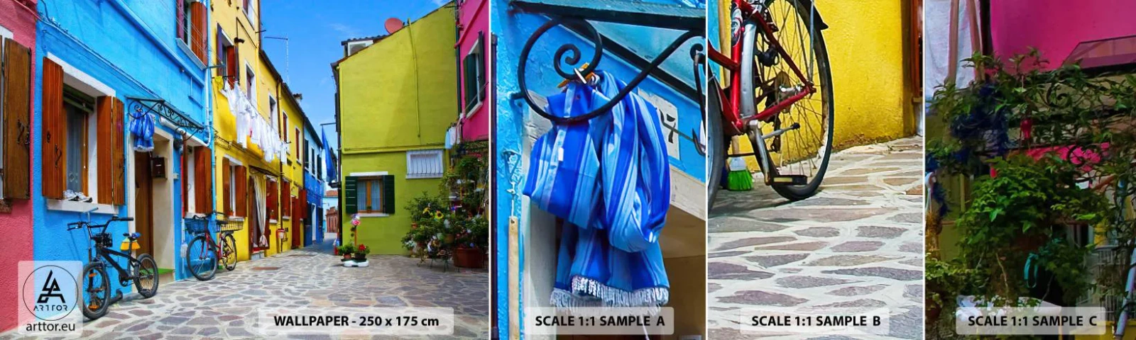 Mostră de Tapet Standard Eco - La capătul străzii pastelate și dulci - Oraș, Biciclete, Alee - 100x30 cm