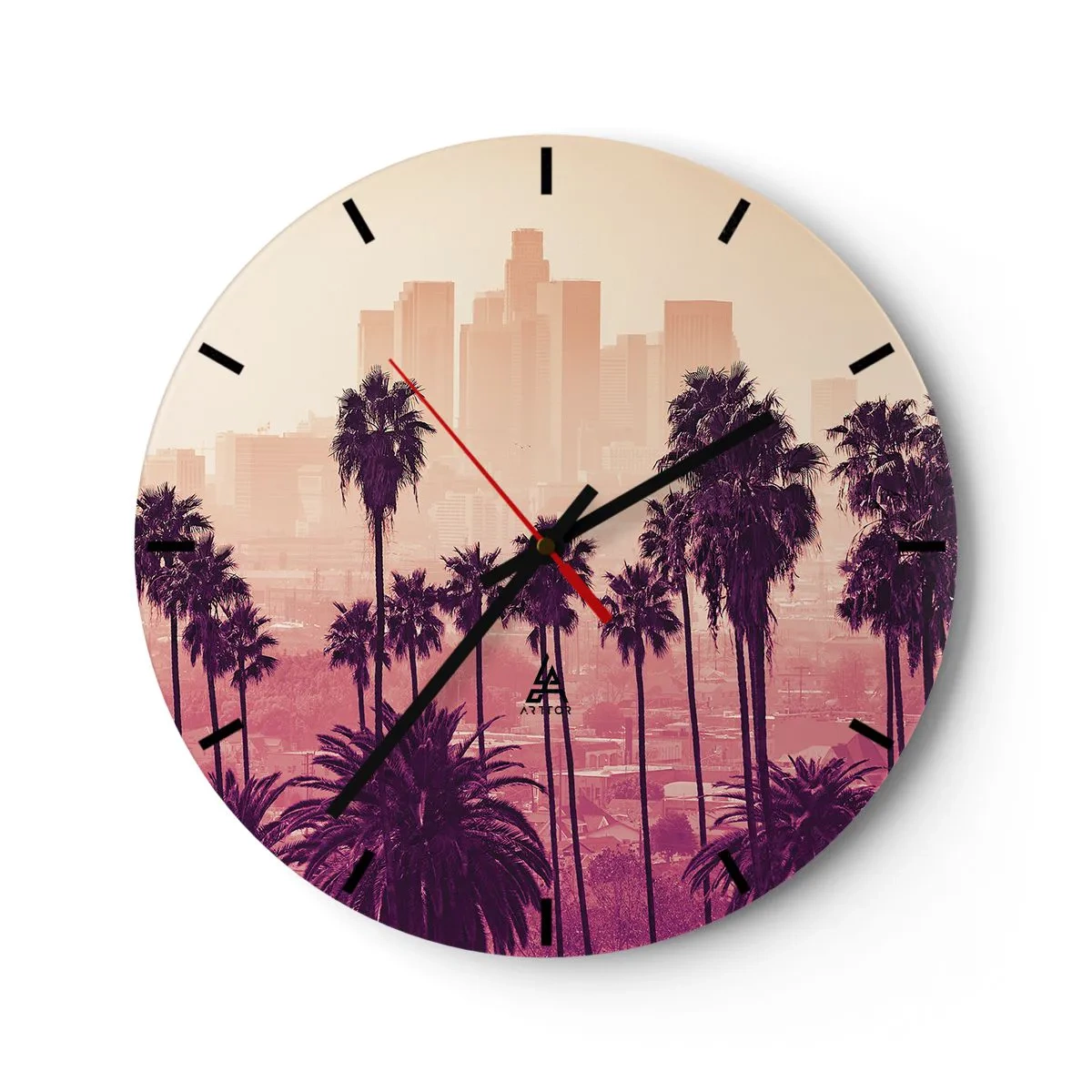 Ceas de perete - Ceas pe sticlă - Apus de soare cu palmieri și orizontul orașului - 30x30cm - Peisaj din California - Decorațiune modernă pentru perete pentru living, bucătărie și dormitor ARTTOR