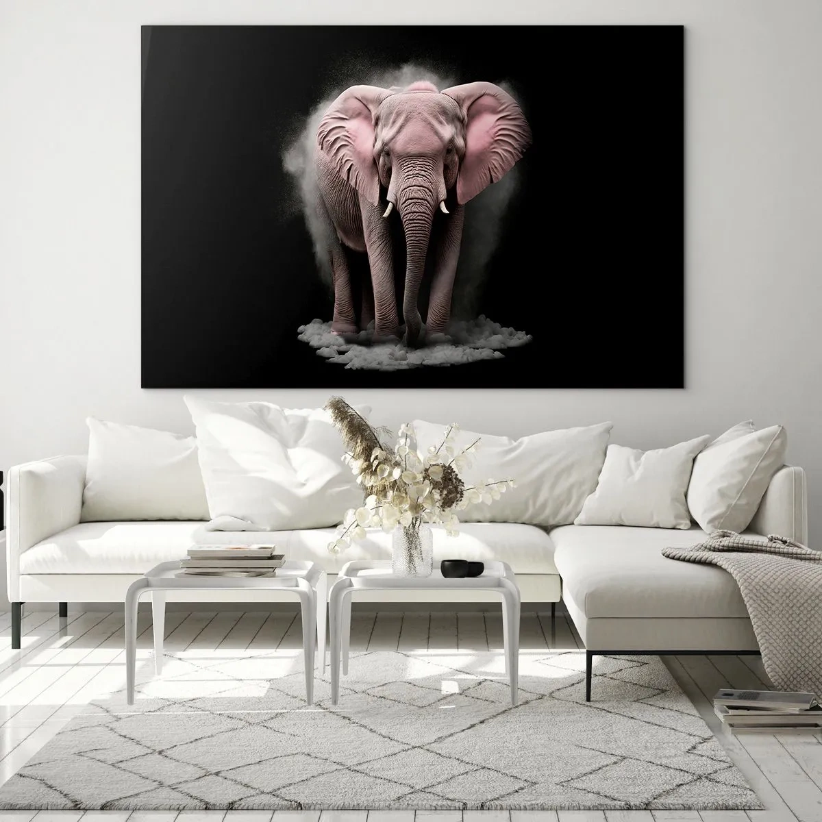 Tablou pe sticlă - Un elefant roz pe un fundal negru, înconjurat de un nor de praf. - 70x50cm - Să nu te gândești la elefantul roz! - Decorațiune modernă pentru perete pentru living și dormitor ARTTOR
