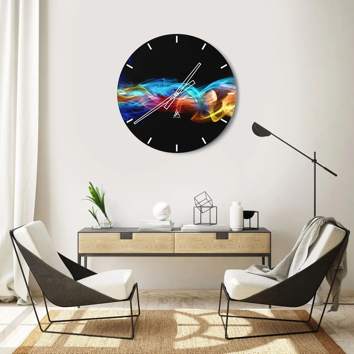 Ceas de perete - Ceas pe sticlă - Dâre colorate de lumină pe un fundal negru - 30x30cm - Dansul curcubeului în brumă - Decorațiune modernă pentru perete pentru living, bucătărie și dormitor ARTTOR