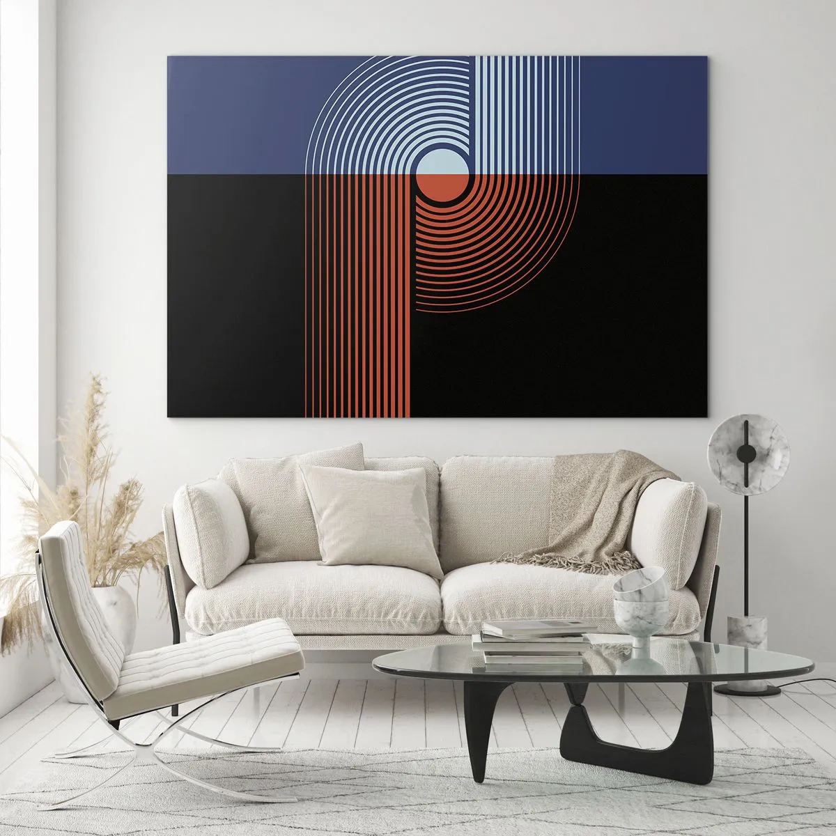 Tablou pe sticlă - Grafică geometrică modernă în culori contrastante - 70x50cm - Într-o îmbrăţişare geometrică - Decorațiune modernă pentru perete pentru living și dormitor ARTTOR