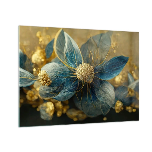 Tablou pe sticlă - Flori albastre și aurii cu o notă de lux - 70x50cm - Floare cu aur - Decorațiune modernă pentru perete pentru living și dormitor ARTTOR