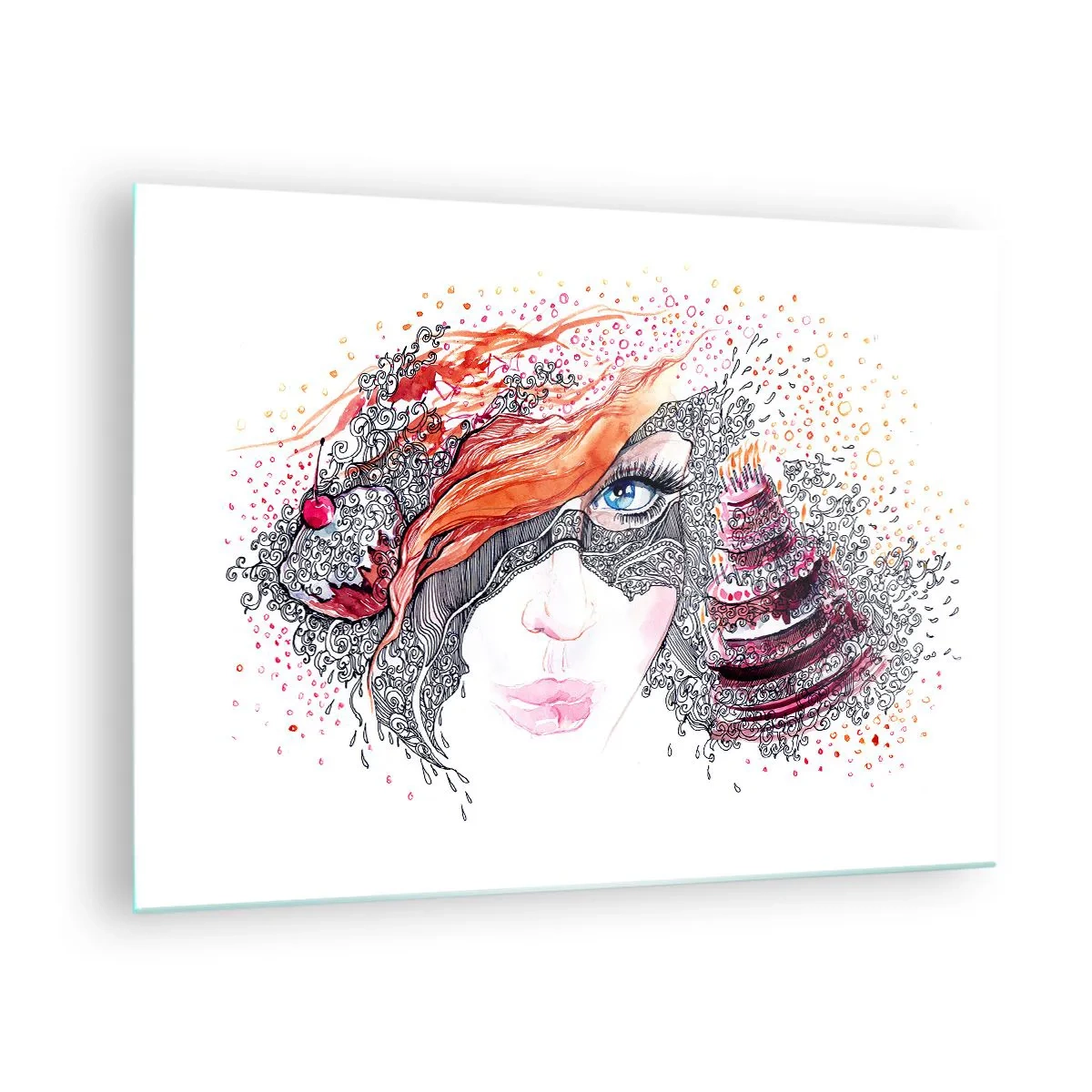 Tablou pe sticlă - Portretul unei femei cu modele dinamice și accente roșii - 70x50cm - Cu ea fiecare zi e o sărbătoare - Decorațiune modernă pentru perete pentru living și dormitor ARTTOR