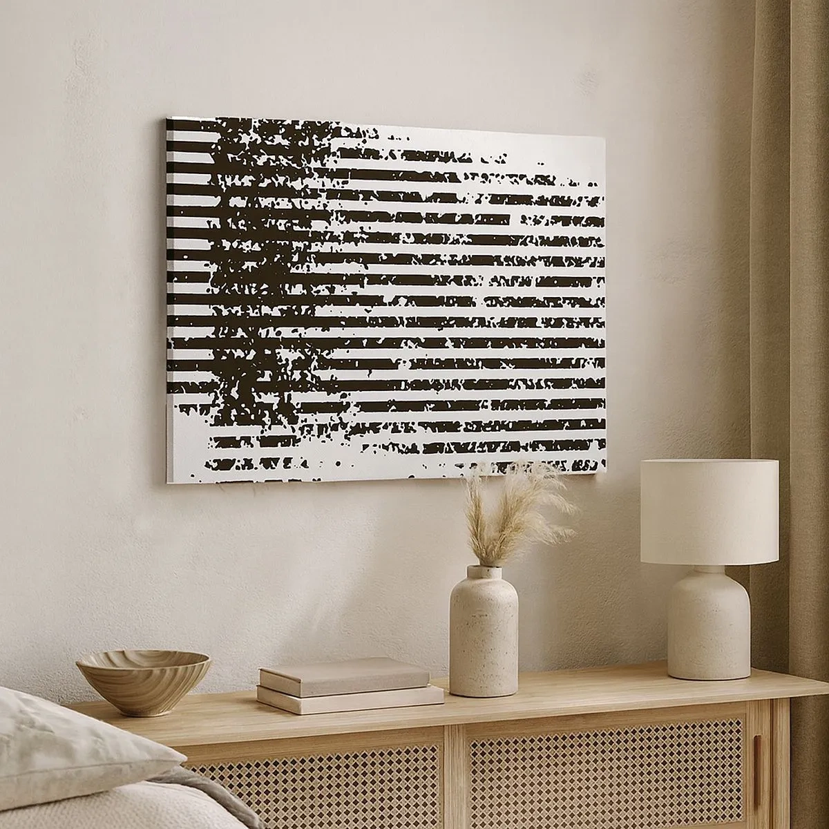 Tablou pe pânză Canvas - Linii abstracte cu efect de distress în alb și negru - 70x50cm - Ritm și zgomot - Decorațiune modernă pentru perete pentru living și dormitor ARTTOR