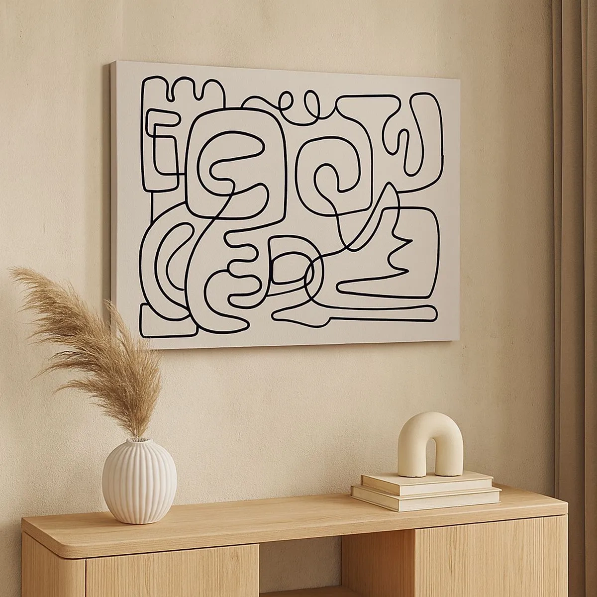 Tablou pe pânză Canvas - Model abstract de artă liniară în negru pe un fundal deschis - 70x50cm - Pe traseu - Decorațiune modernă pentru perete pentru living și dormitor ARTTOR